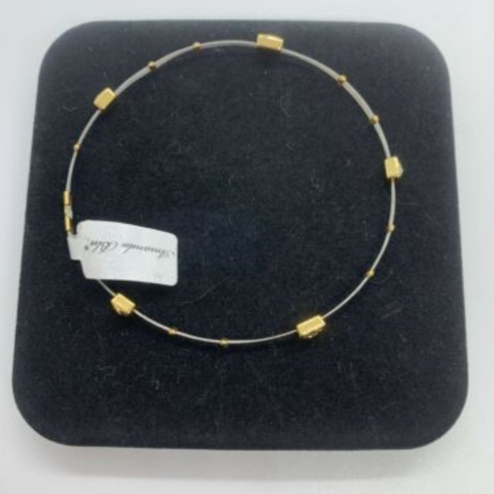 Amanda Blue Stainless Steele, Gold Plated Bangle Bracelet W/CZ Stones